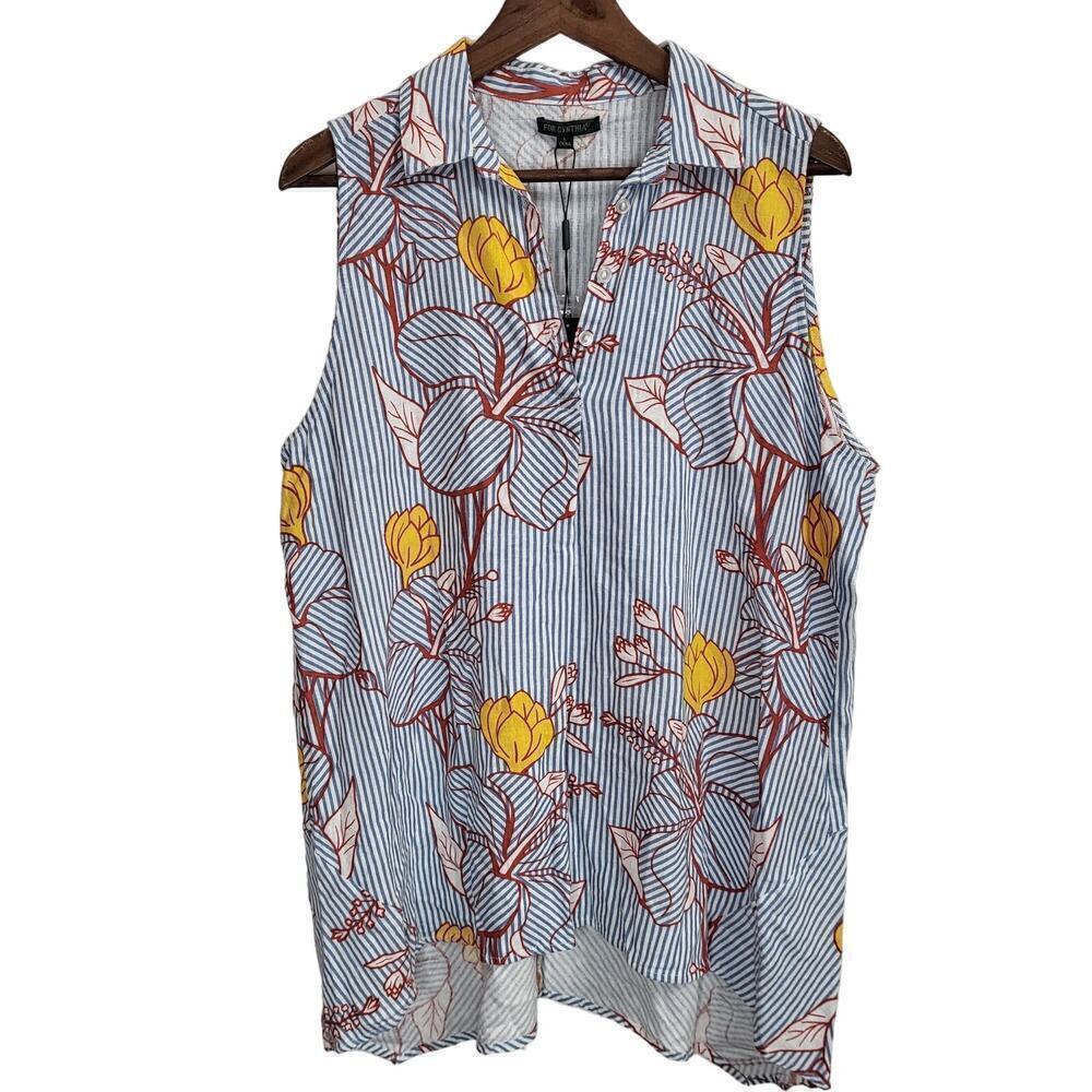 FOR CYNTHIA Linen Blend Striped Floral Sleeveless Top Size Large